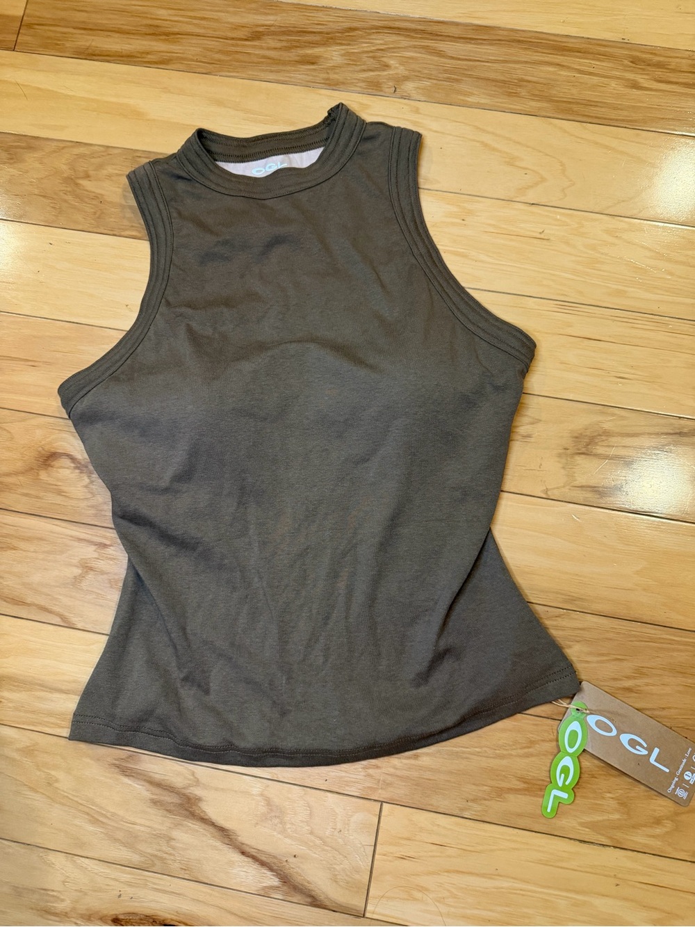 NWT OGL Built In Bra High Neck Tank Top Brown Olive M Athleisure